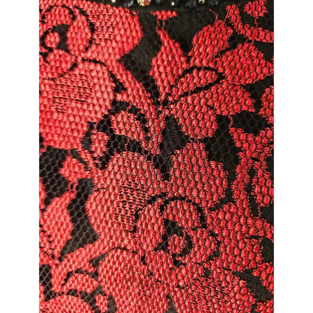 Eliza J Sz 4P Red/Blk Floral Dress Beaded Collar Lace Fit and Flare - Picture 6 of 13